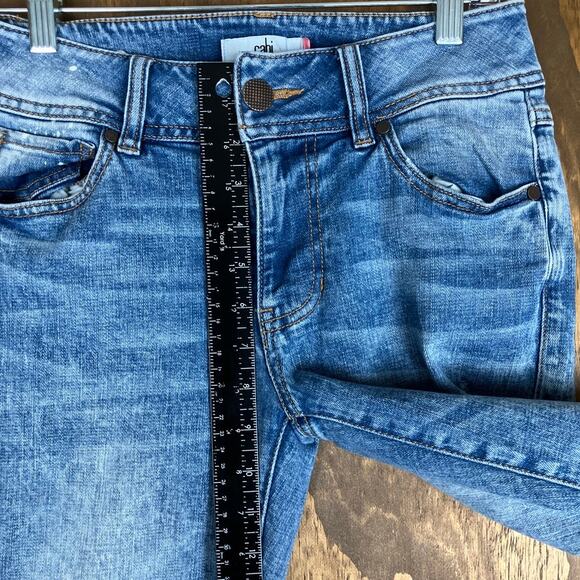 CAbi Womens Jeans Blue Denim Cinch Mid Rise Bleach Splatter Skinny Stretch 4 - Picture 7 of 11